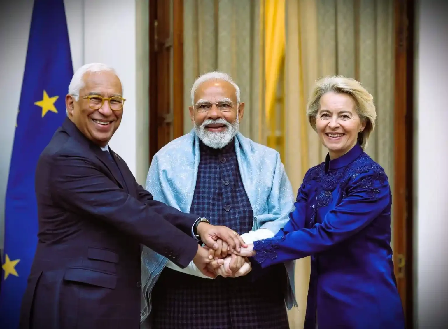 Indian Prime Minister Narendra Modi with European Union leaders during India-EU trade agreement announcement