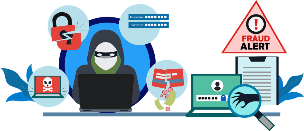 Illustration of a hacker and phishing icons representing the Instagram data breach and stolen login credentials.