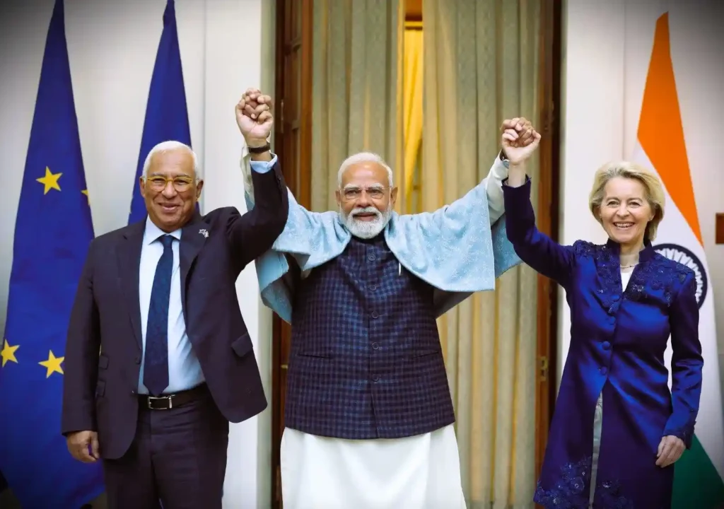 Indian Prime Minister Narendra Modi with European Union leaders celebrating the India EU trade deal, known as the Mother of All Deal