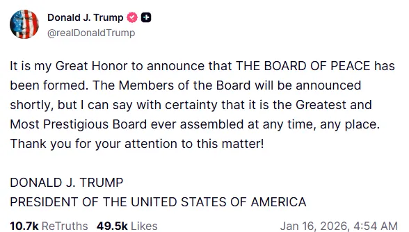 Trump Board of Peace announcement post shared by Donald Trump on Truth Social in January 2026