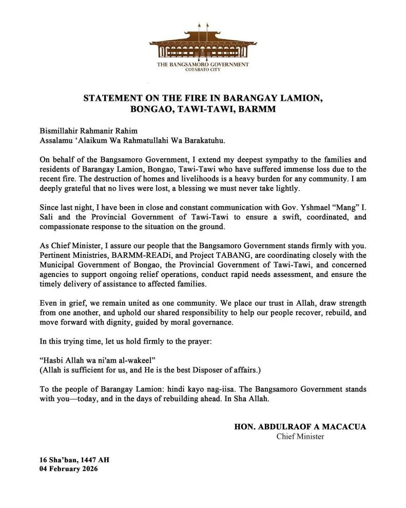 Official Bangsamoro Government statement on the Tawi-Tawi fire incident in Barangay Lamion, Bongao, dated February 4, 2026