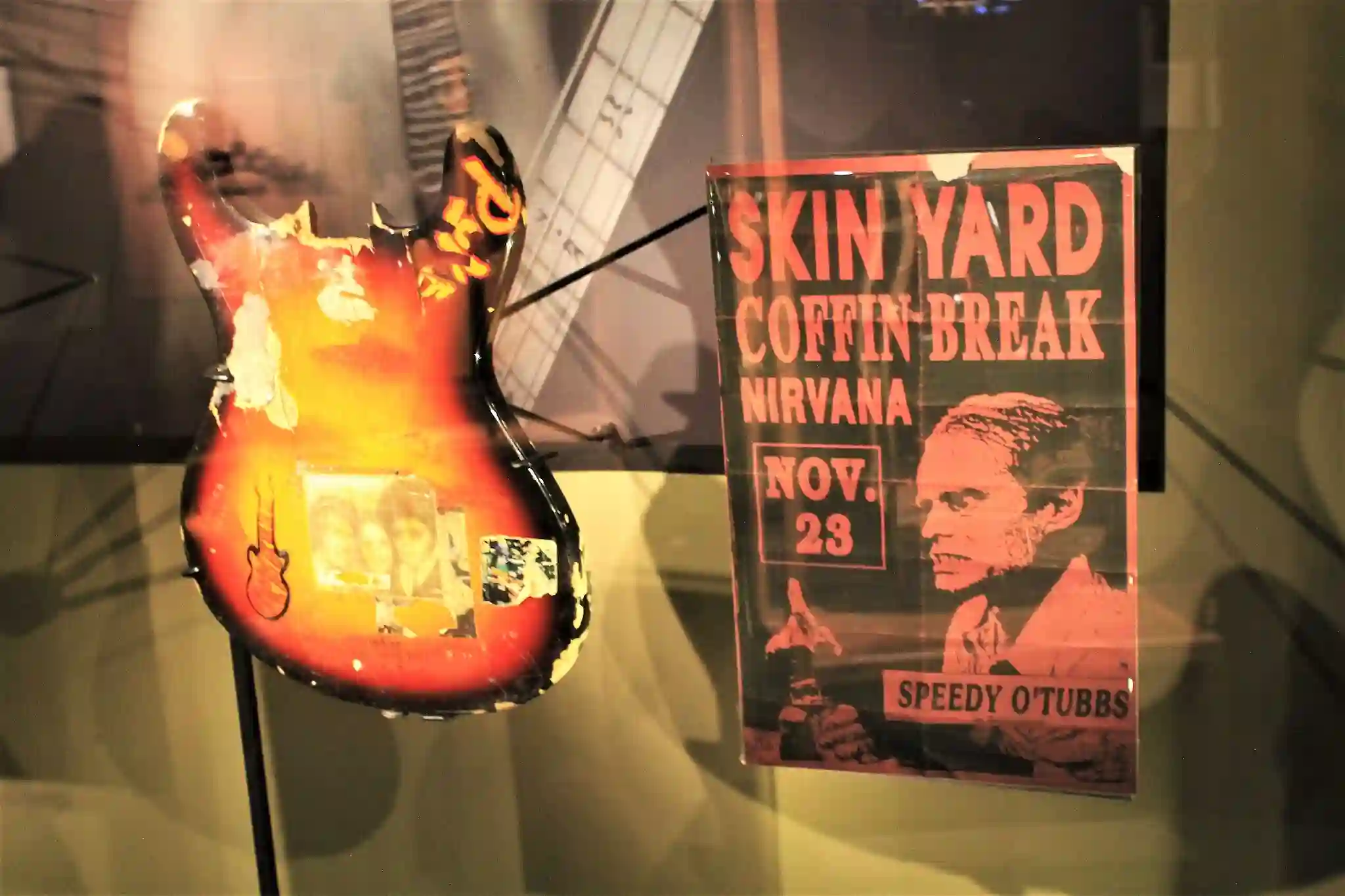 Smashed guitar associated with Kurt Cobain displayed at Seattle’s Museum of Pop Culture amid renewed debate over the Kurt Cobain death ruling