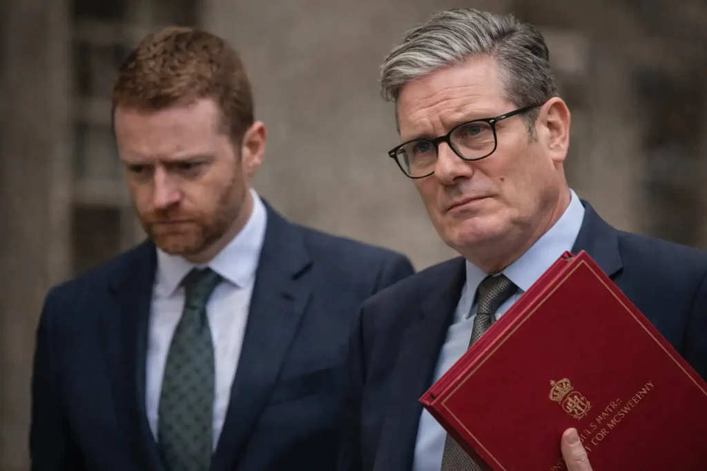 Sir Keir Starmer walks with Morgan McSweeney outside Downing Street amid political pressure following the Morgan McSweeney resignation.