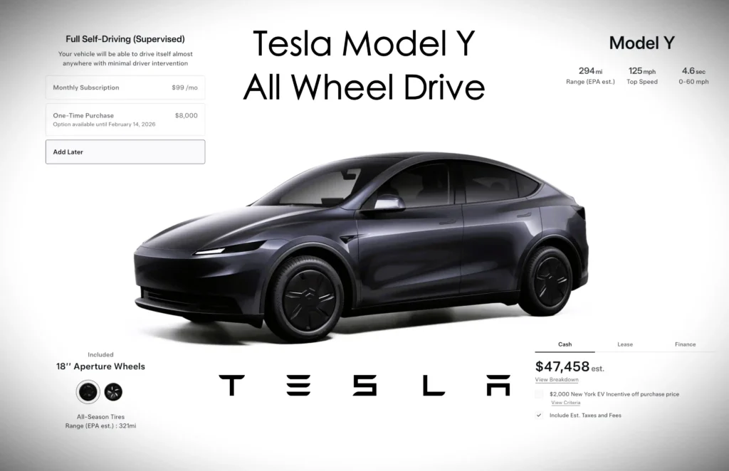 Tesla Y new variant All-Wheel Drive displayed on Tesla’s official configurator with performance, range, and pricing details shown on screen.