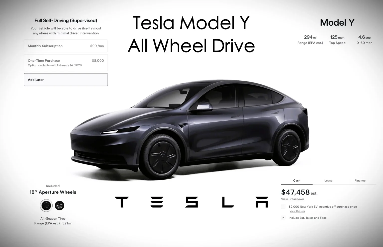Tesla Y new variant All-Wheel Drive displayed on Tesla’s official configurator with performance, range, and pricing details shown on screen.