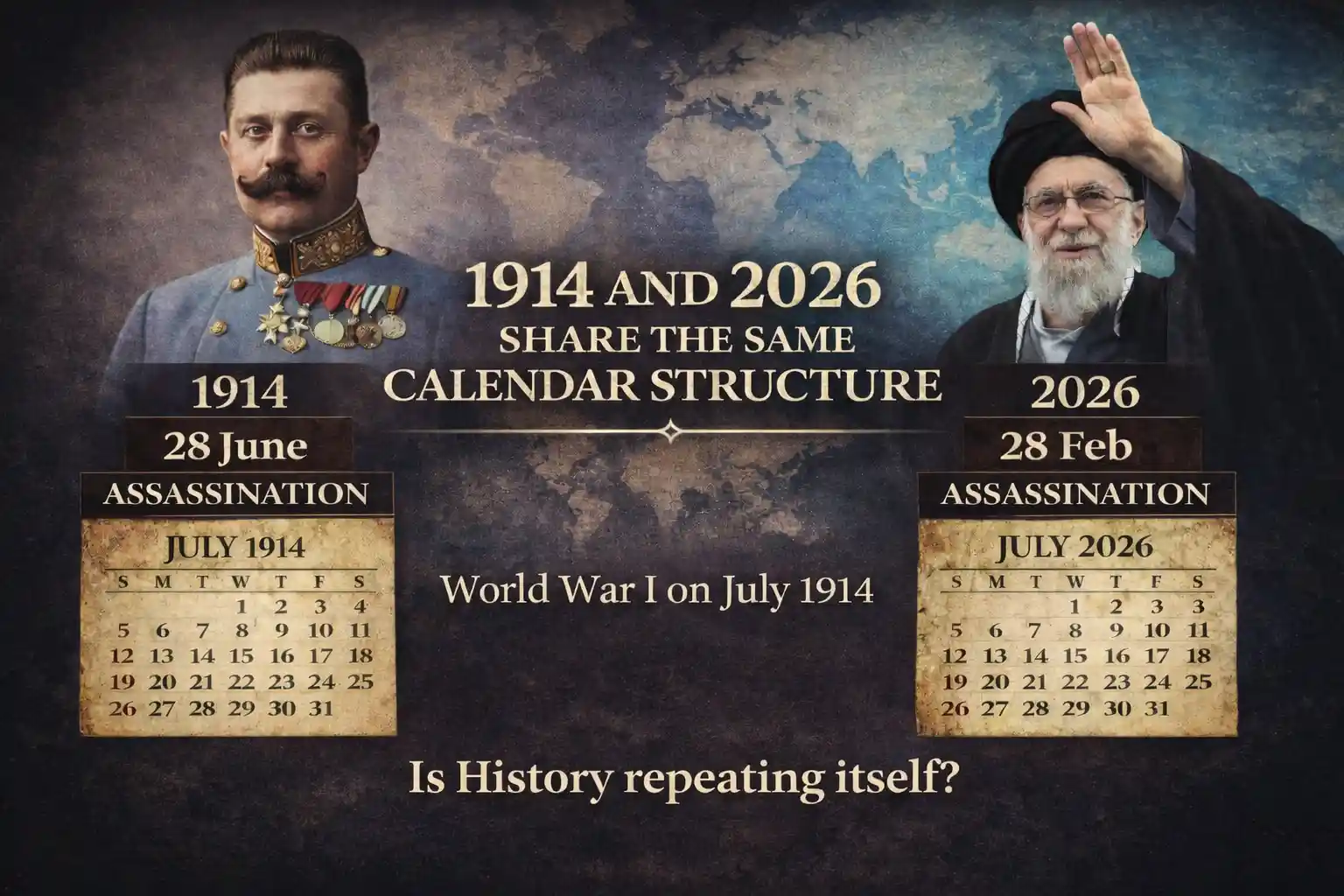 Comparison of the 1914 and 2026 calendar showing identical July dates with portraits of Archduke Franz Ferdinand and Ali Khamenei illustrating the 1914 and 2026 calendar coincidence