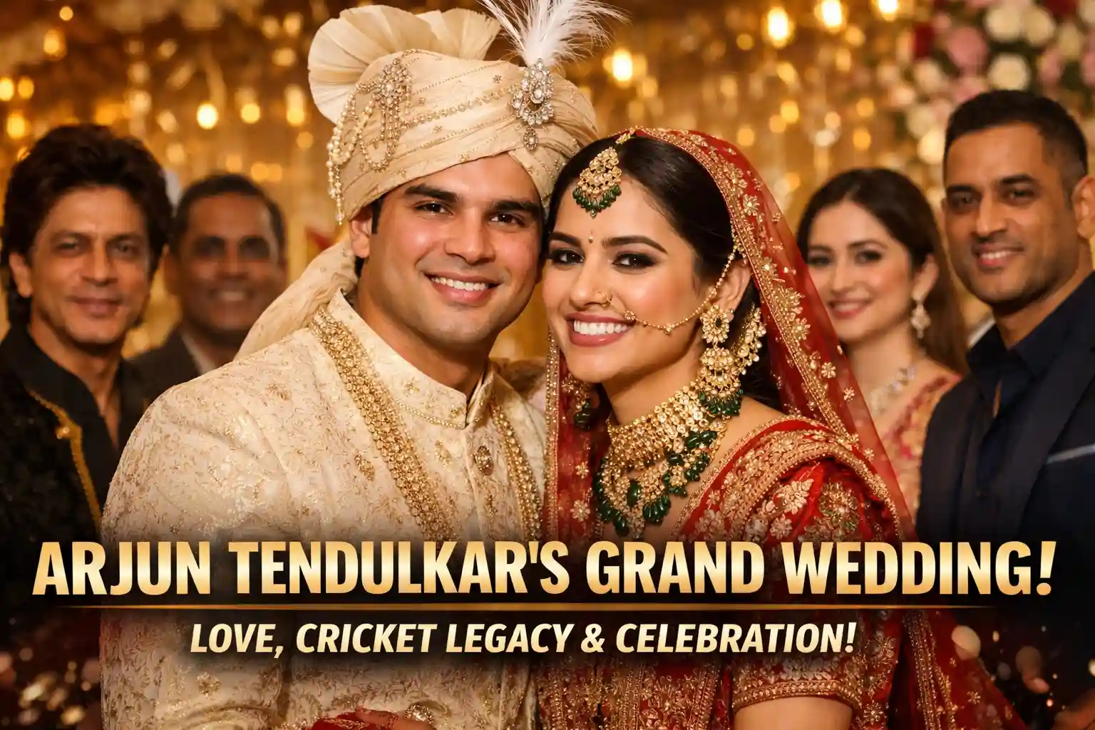 Illustration of Arjun Tendulkar wedding celebration with bride Saaniya Chandhok at a grand ceremony