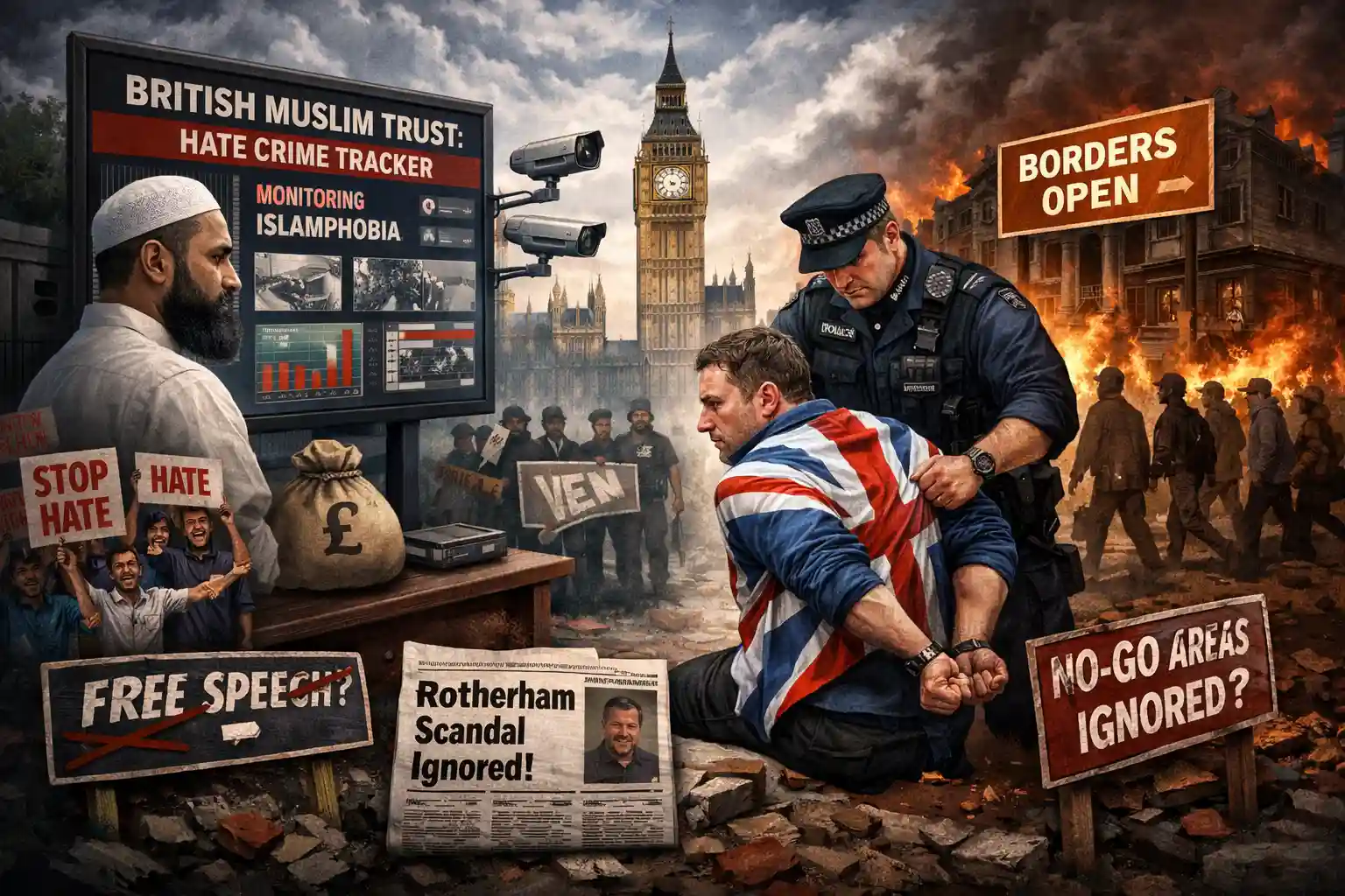 Illustration showing UK societal tensions around the British Muslim Trust initiative, highlighting debates on hate crime tracking, free speech, and law enforcement fairness.