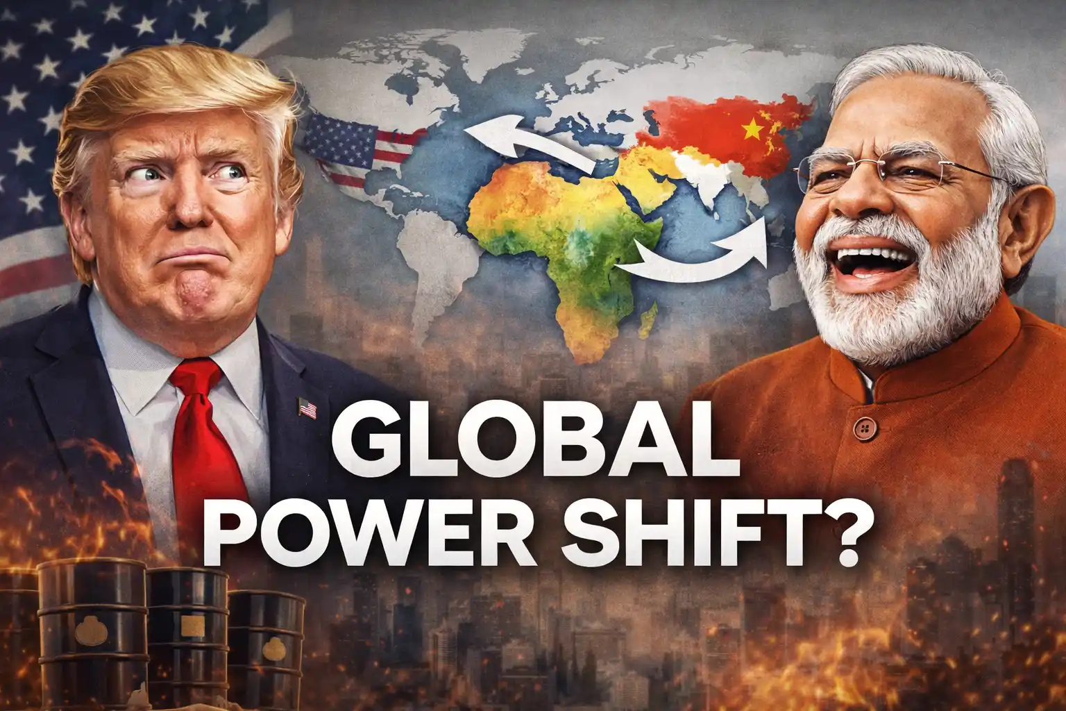 Global Power Shift illustration showing Trump looking uncertain and Modi smiling against a world map with shifting alliances