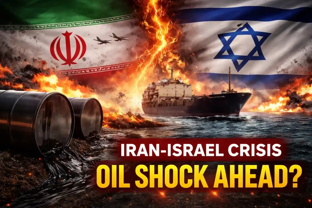 Illustration of Iran and Israel flags over an exploding oil tanker and leaking oil barrels symbolizing a potential Iran war oil crisis and disruption of global oil supply.