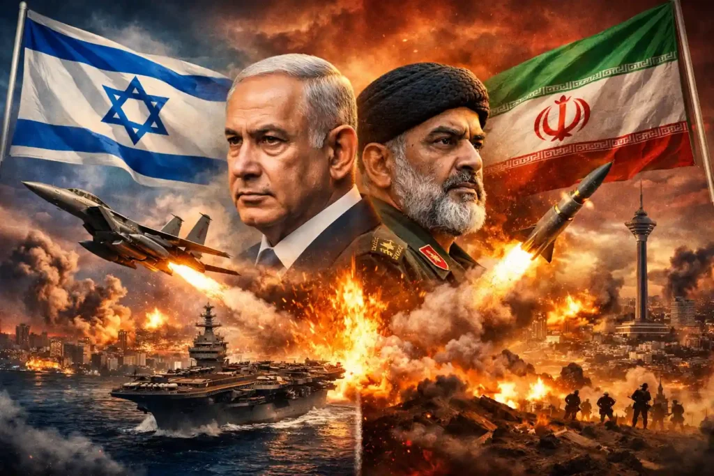Illustration of the Israel Iran war showing military escalation, fighter jets, missiles, explosions, and the Israeli and Iranian flags during the Middle East conflict.