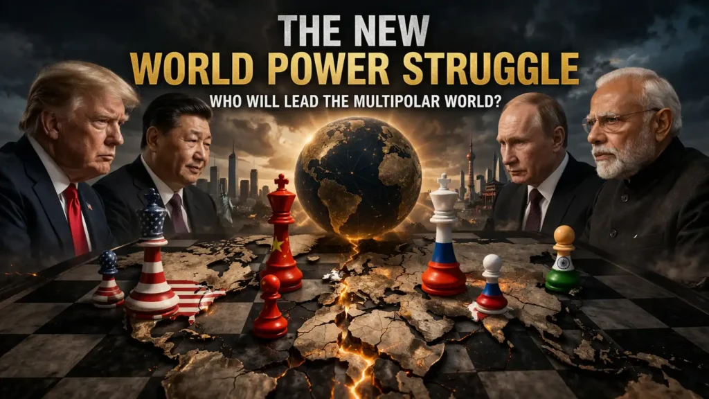 Multipolar world order power struggle showing US, China, Russia and India competing for global dominance on a fractured world map