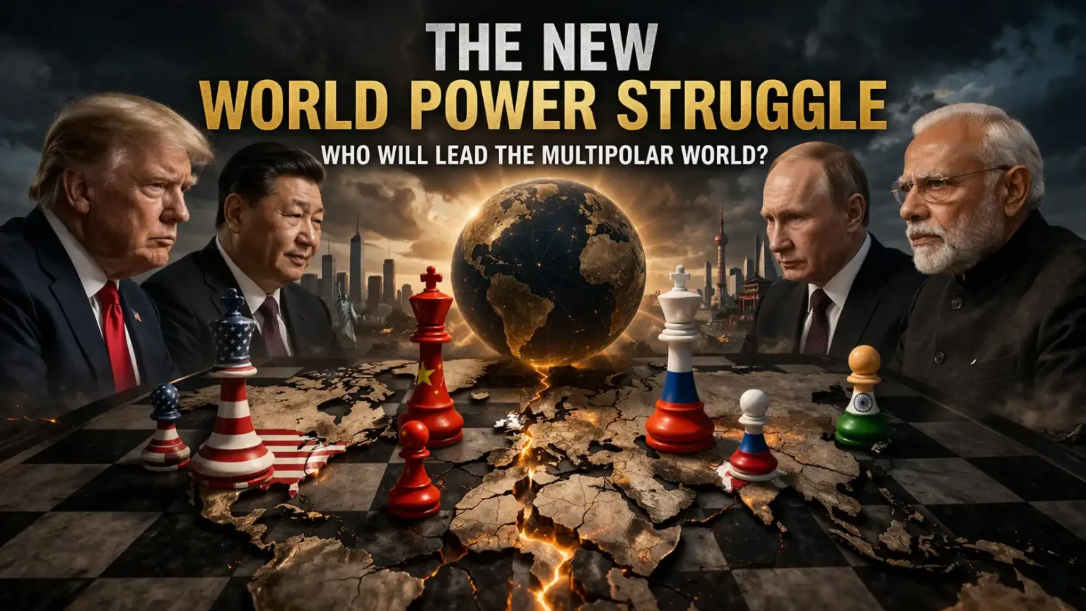 Multipolar world order power struggle showing US, China, Russia and India competing for global dominance on a fractured world map