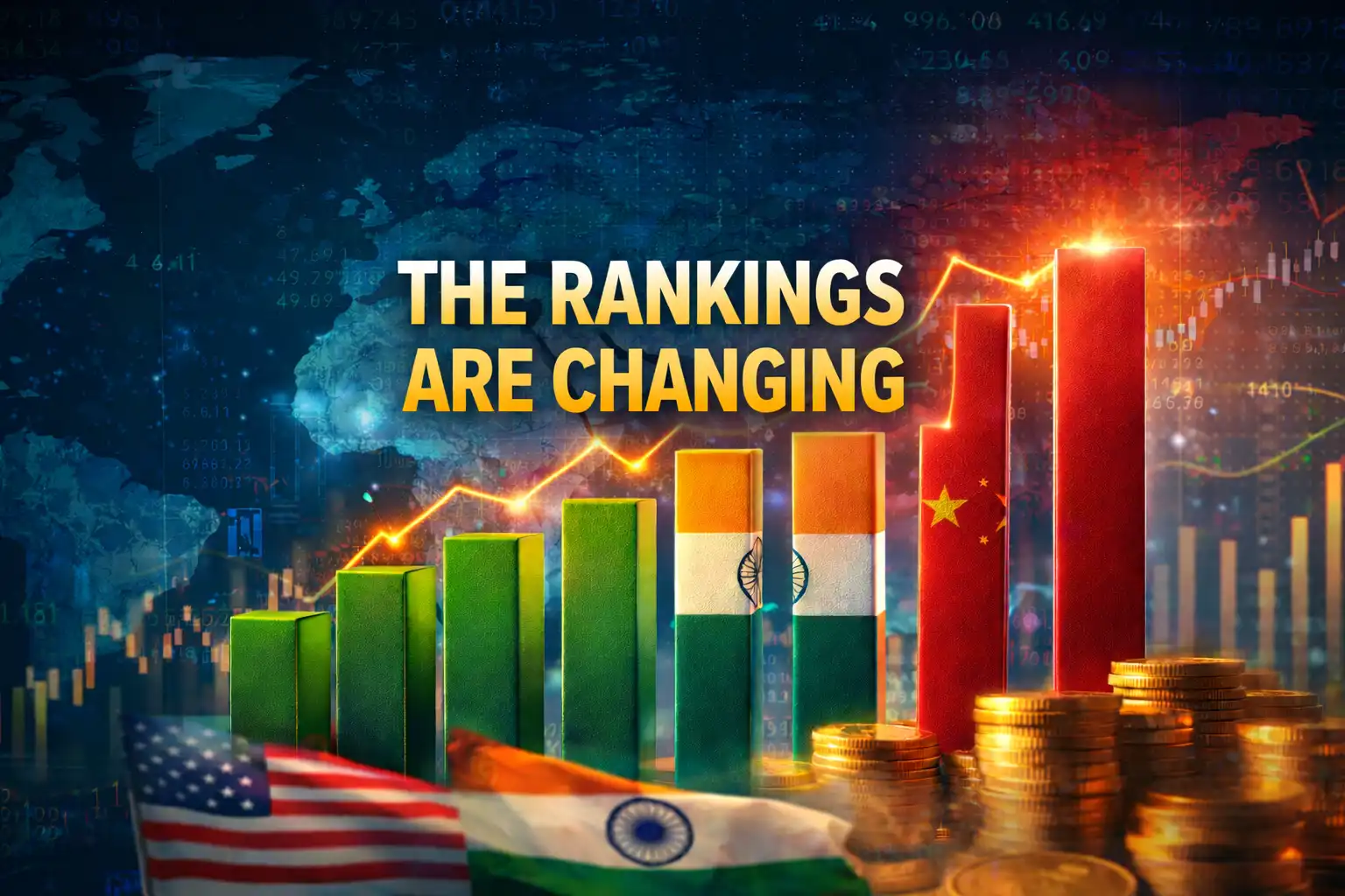 Global GDP rankings shift illustrated with rising economic bars for the United States, India, and China