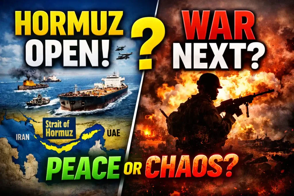 Strait of Hormuz open with oil tankers and Iran UAE map alongside war explosion scene asking if conflict will return