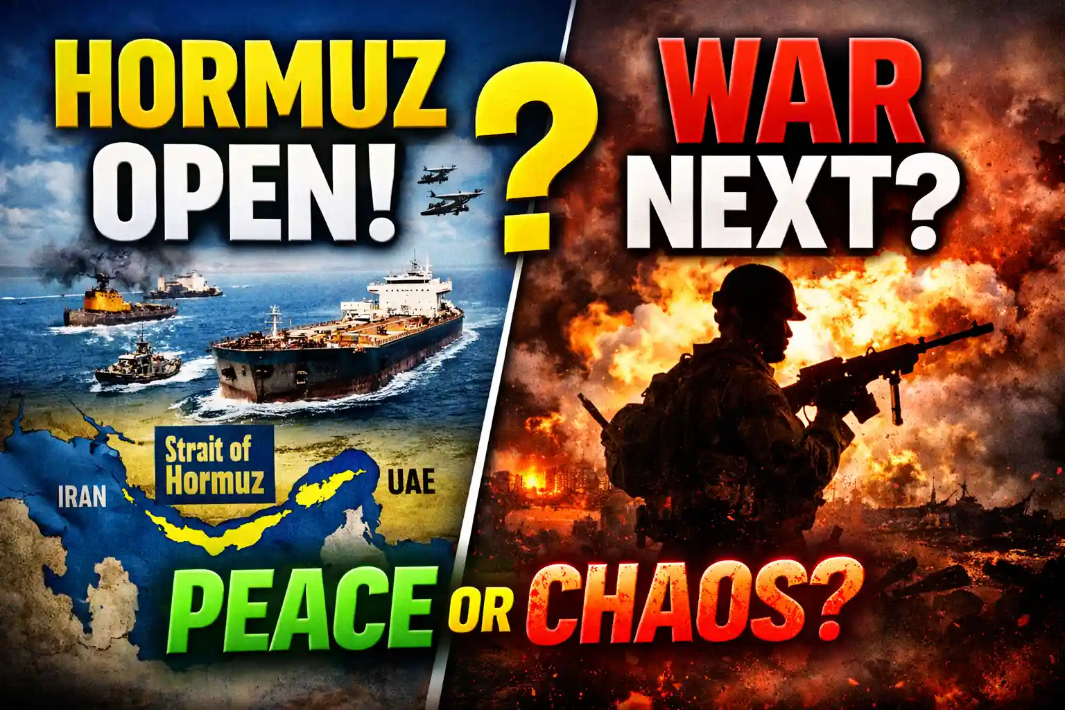 Strait of Hormuz open with oil tankers and Iran UAE map alongside war explosion scene asking if conflict will return
