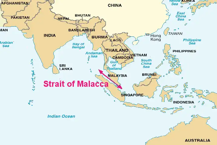 Malacca Strait map showing key global trade route between Indonesia, Malaysia and Singapore