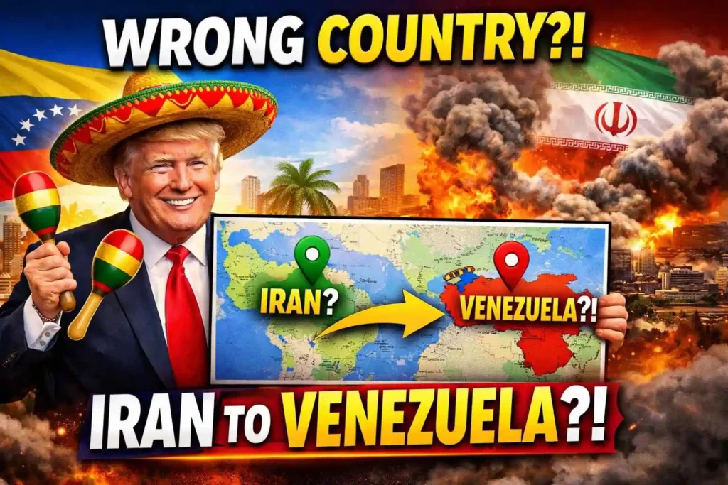 Donald Trump holding a map showing Iran and Venezuela with text “Wrong Country” highlighting confusion between Iran conflict and Venezuela comment