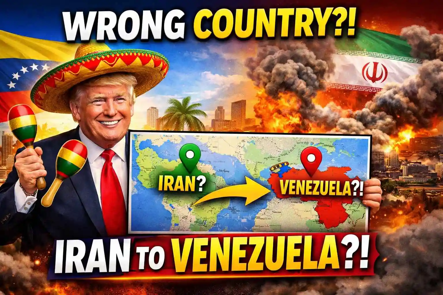 Donald Trump holding a map showing Iran and Venezuela with text “Wrong Country” highlighting confusion between Iran conflict and Venezuela comment