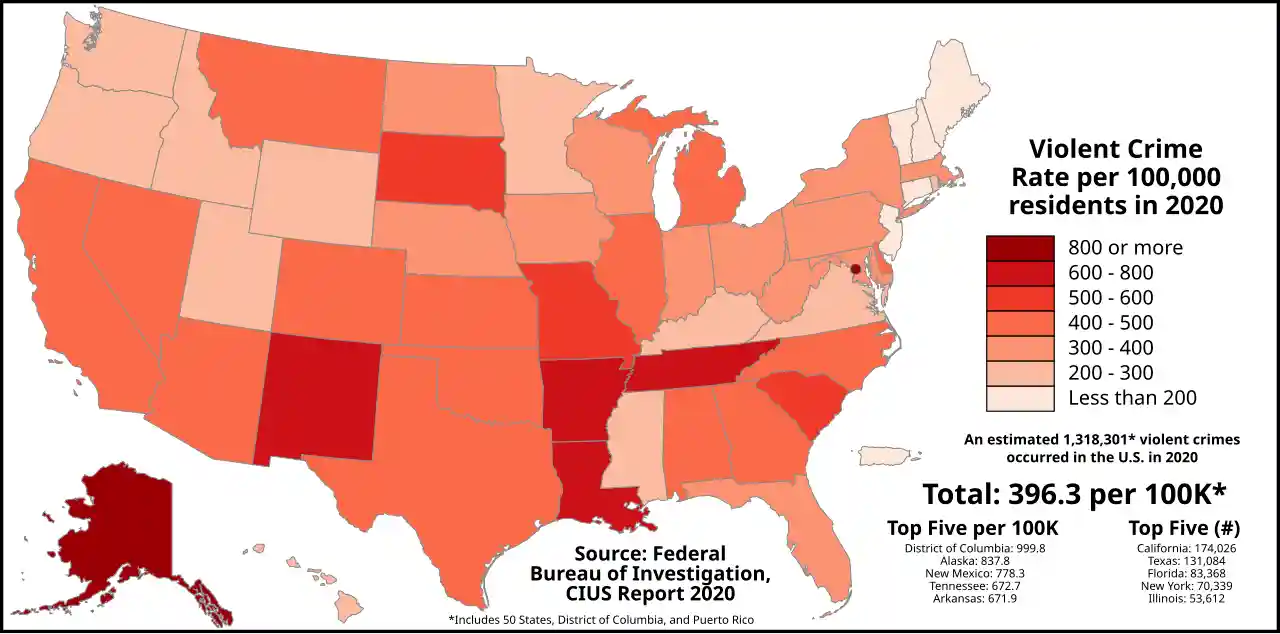 US violent crime rate by state map showing regional differences in crime levels across America
