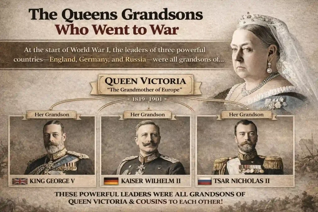 World War I infographic showing Queen Victoria and her grandsons King George V, Kaiser Wilhelm II, and Tsar Nicholas II who led rival nations