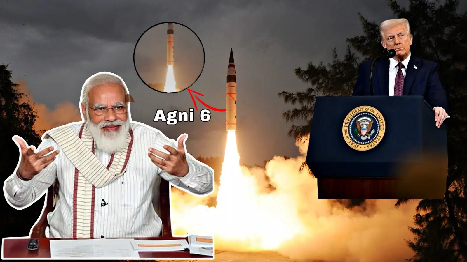 Agni-6 missile launch with Narendra Modi and Donald Trump highlighting global strategic impact