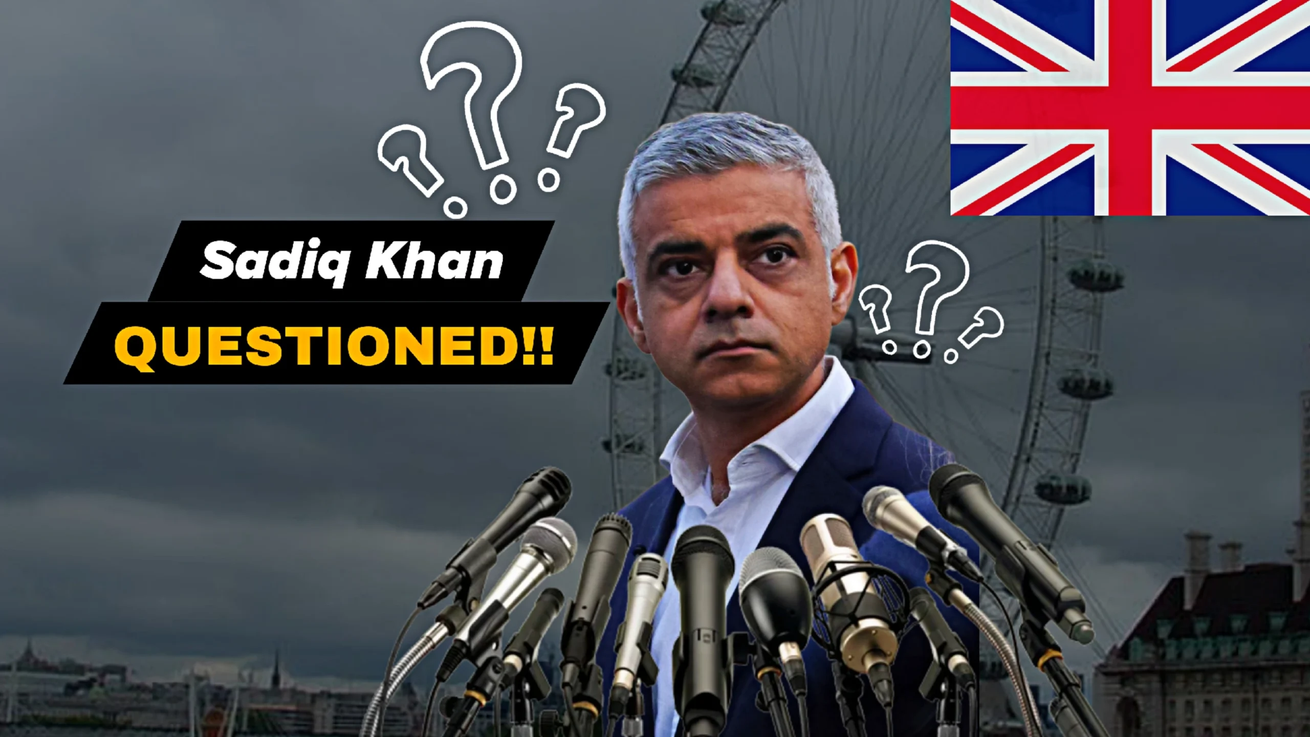Sadiq Khan City Hall debate image showing the London Mayor surrounded by microphones during intense questioning over crime, transport, and governance issues in London.