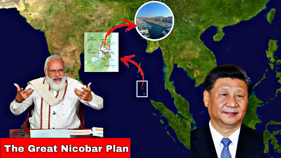 Great Nicobar Project map showing India’s strategic position near Malacca Strait with leaders and regional focus