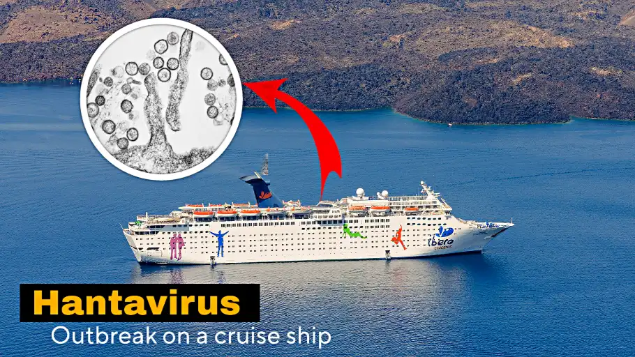 Hantavirus outbreak on a cruise ship with virus microscope inset highlighting global health concerns at sea