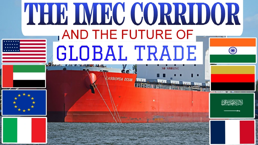 IMEC Corridor featured image showing a cargo ship with the flags of India, the United States, Saudi Arabia, the UAE, France, Italy, Germany, and the European Union, highlighting the future of global trade and connectivity.