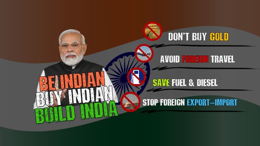 Prime Minister Narendra Modi alongside messages urging citizens to avoid gold purchases, reduce fuel use, avoid foreign travel, and support domestic products during the India spending warning campaign.
