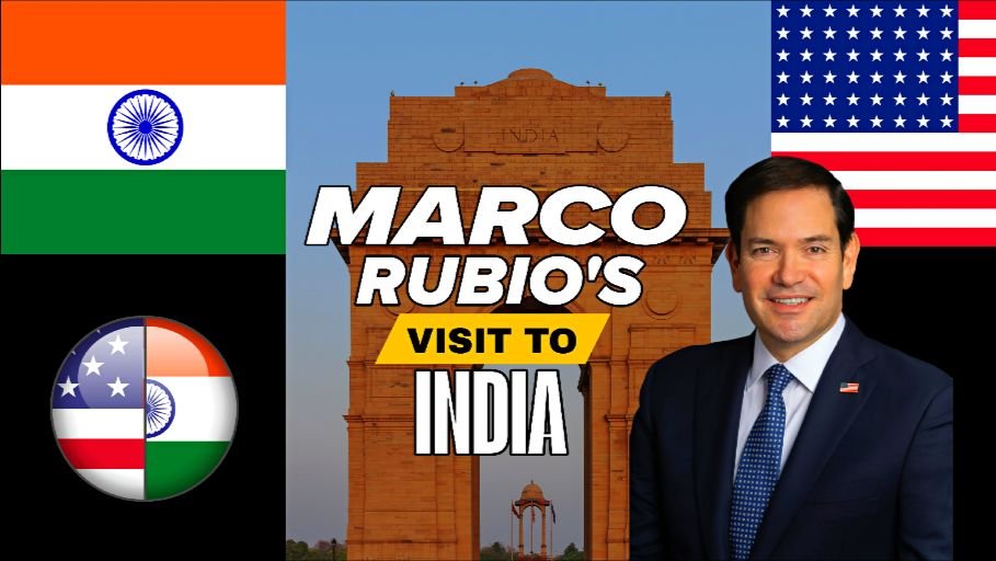Marco Rubio India visit graphic featuring US Senator Marco Rubio with Indian and American flags and India Gate in the background