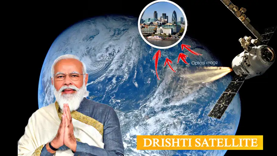 Mission Drishti satellite imaging Earth with optical technology representing India space surveillance advancement
