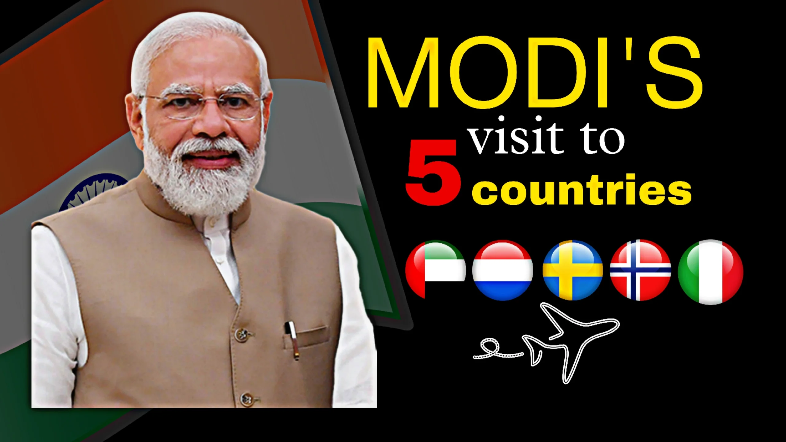 Prime Minister Narendra Modi during the Modi 5 nation tour with flags representing the UAE, Netherlands, Sweden, Norway, and Italy in the background.