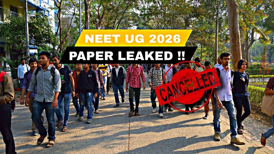 Students walking on a college campus during the NEET paper leak controversy as reports of the NEET UG 2026 exam cancellation spread across India.