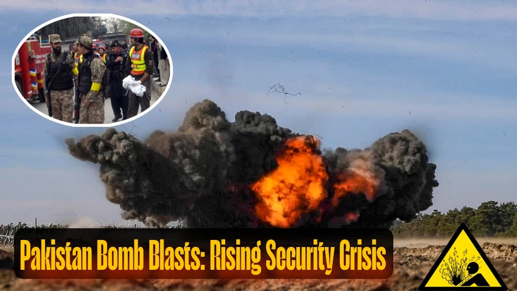 Pakistan bomb blasts causing a massive explosion with thick black smoke rising into the sky, highlighting the country's growing security challenges and emergency response efforts.