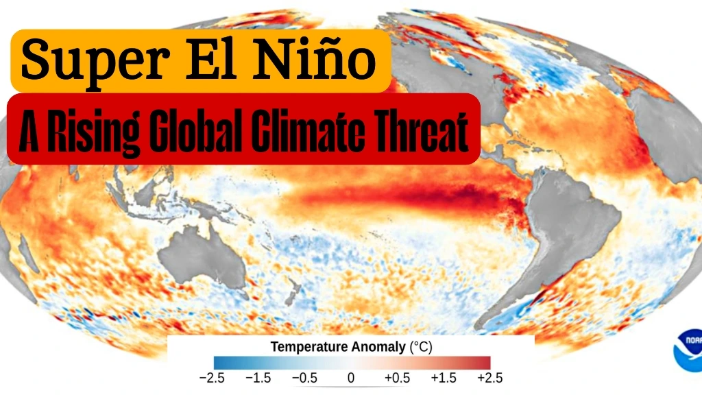 Super El Niño 2026 global temperature anomaly map showing ocean warming patterns and climate risk zones