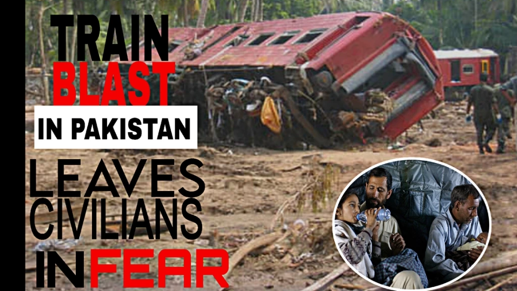 Pakistan Train Blast aftermath in Balochistan showing a derailed train coach and frightened civilians during a deadly railway attack in Pakistan.