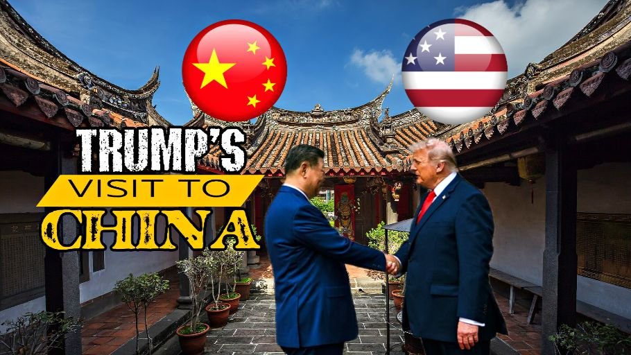 Donald Trump and Xi Jinping shaking hands during the Trump China visit against a traditional Chinese backdrop with U.S. and Chinese symbols.