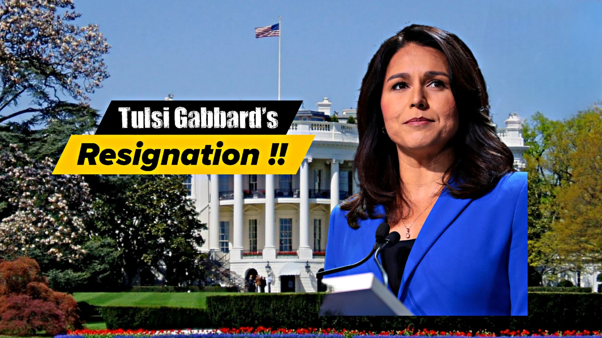 Tulsi Gabbard speaking in front of the White House with “Tulsi Gabbard’s Resignation” headline text, symbolizing the political controversy surrounding the Tulsi Gabbard Resignation from the DNI role.