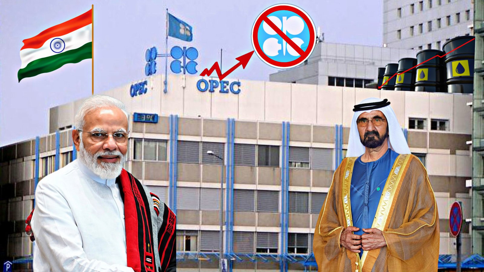 UAE OPEC exit concept showing India and UAE leaders with OPEC headquarters and rising oil prices illustration