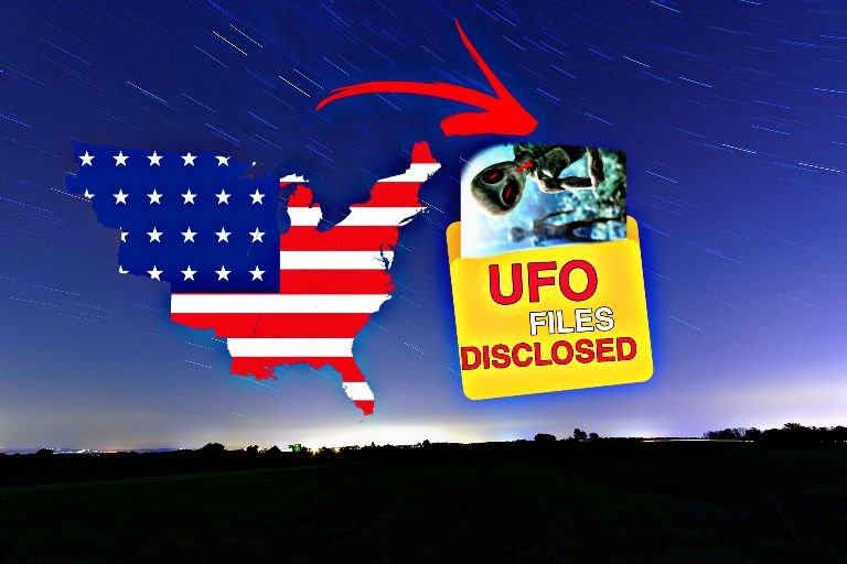 Illustration of UFO disclosure files released by the US government featuring a map of America, alien imagery, and classified document graphics under a night sky.