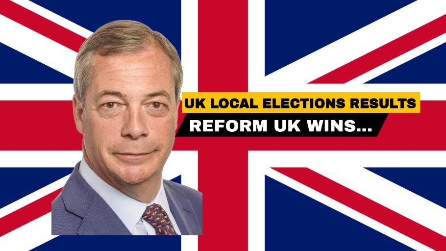 Reform UK leader Nigel Farage featured against the UK flag after the UK local elections results showing Reform UK’s political surge