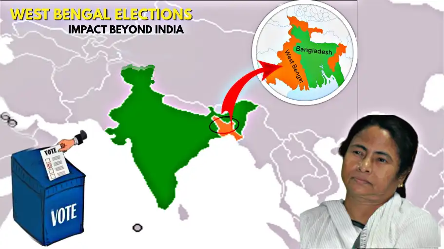 Map showing the impact of the West Bengal elections on Bangladesh and regional geopolitics, featuring Mamata Banerjee alongside election visuals and a cross-border regional map.