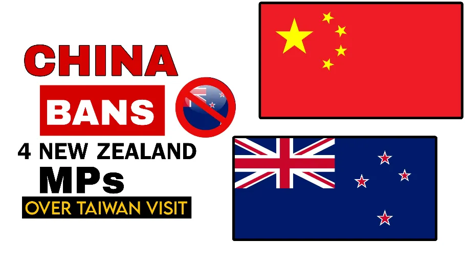 Graphic showing the flags of China and New Zealand with a travel restriction symbol, illustrating how China bans New Zealand MPs following a Taiwan visit.