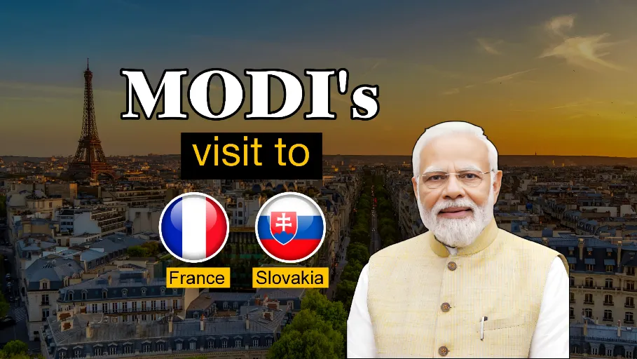 Modi France Slovakia Visit featured image showing Prime Minister Narendra Modi against a Paris skyline with the Eiffel Tower, alongside the national flags of France and Slovakia, highlighting his recent diplomatic tour of Europe.