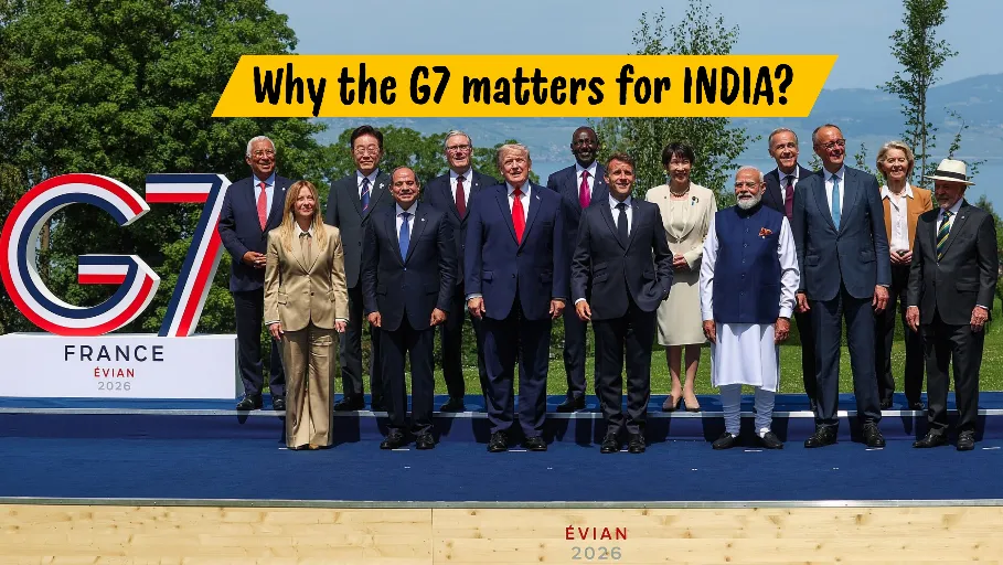 Modi G7 Summit 2026 group photo featuring Prime Minister Narendra Modi alongside G7 leaders and invited partners at the summit venue in Évian, France.