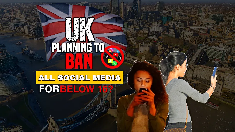 UK social media ban concept image showing the Union Jack flag over London with teenagers using smartphones and graphics representing social media platforms, highlighting proposals to restrict social media access for under-16s.