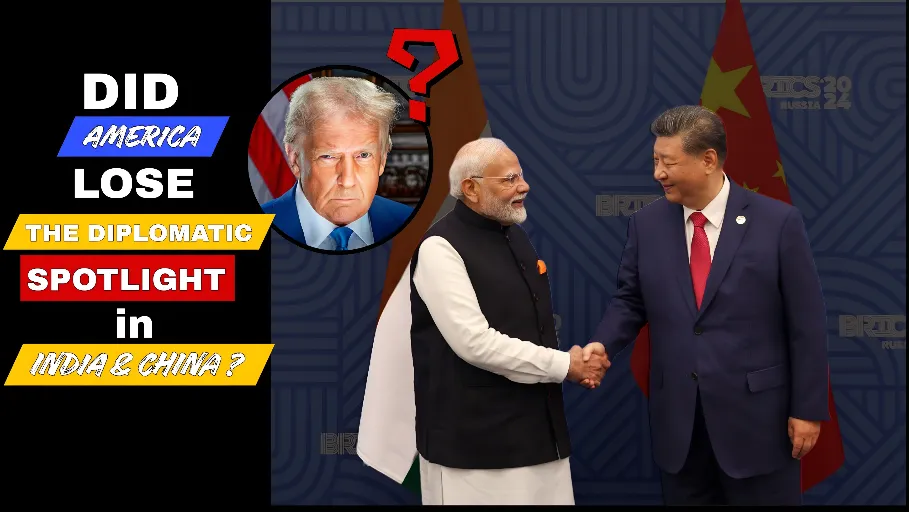 US Diplomatic Optics featured image showing Donald Trump alongside a meeting between Indian Prime Minister Narendra Modi and Chinese President Xi Jinping, highlighting diplomatic symbolism and global perceptions during high-profile visits to India and China.