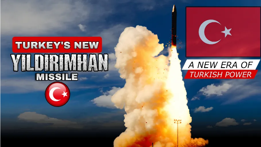 Yildirimhan Missile launch illustration showing Turkey’s new long-range ballistic missile rising through a plume of smoke alongside the Turkish flag.